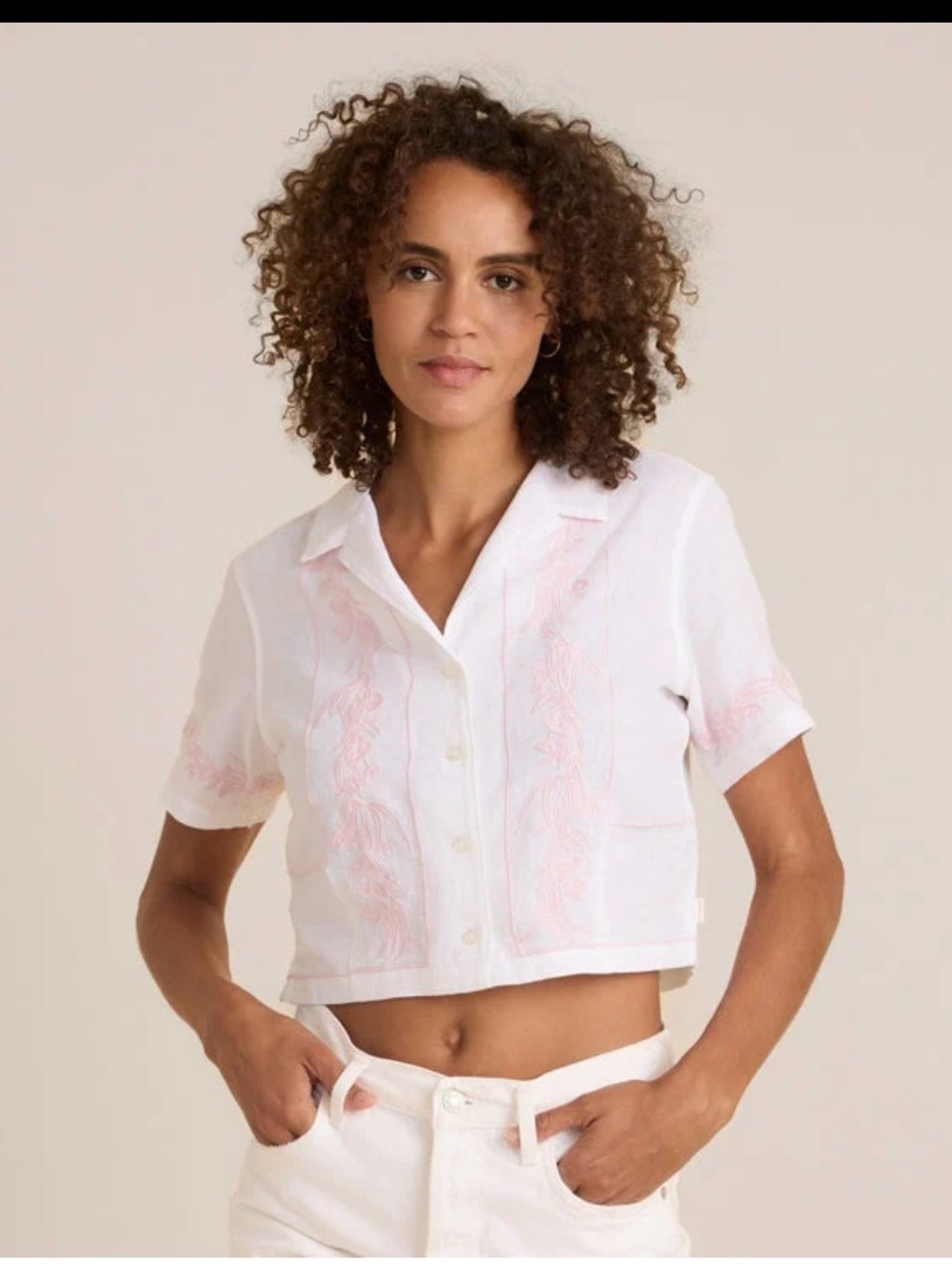 Roark White Cropped Button-Down Top with Pale Pink Embroidery - Picture 1 of 5
